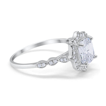 Halo Art Deco Engagement Ring Cushion Simulated CZ 925 Sterling Silver